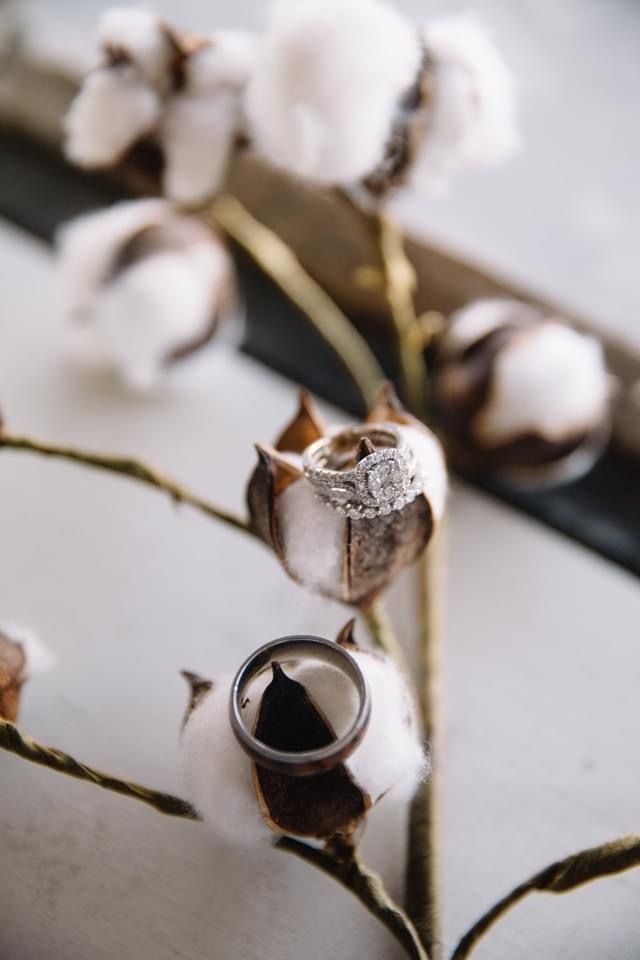 A couple of wedding rings sitting on top of cotton flowers.