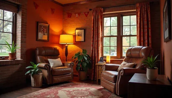 A cozy Norman therapy room with brick accents, OU pennants, and a plush reclining chair under warm lighting