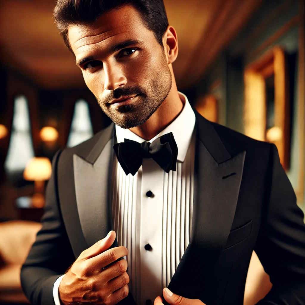 A man in a tuxedo and bow tie is adjusting his jacket exuding confidence