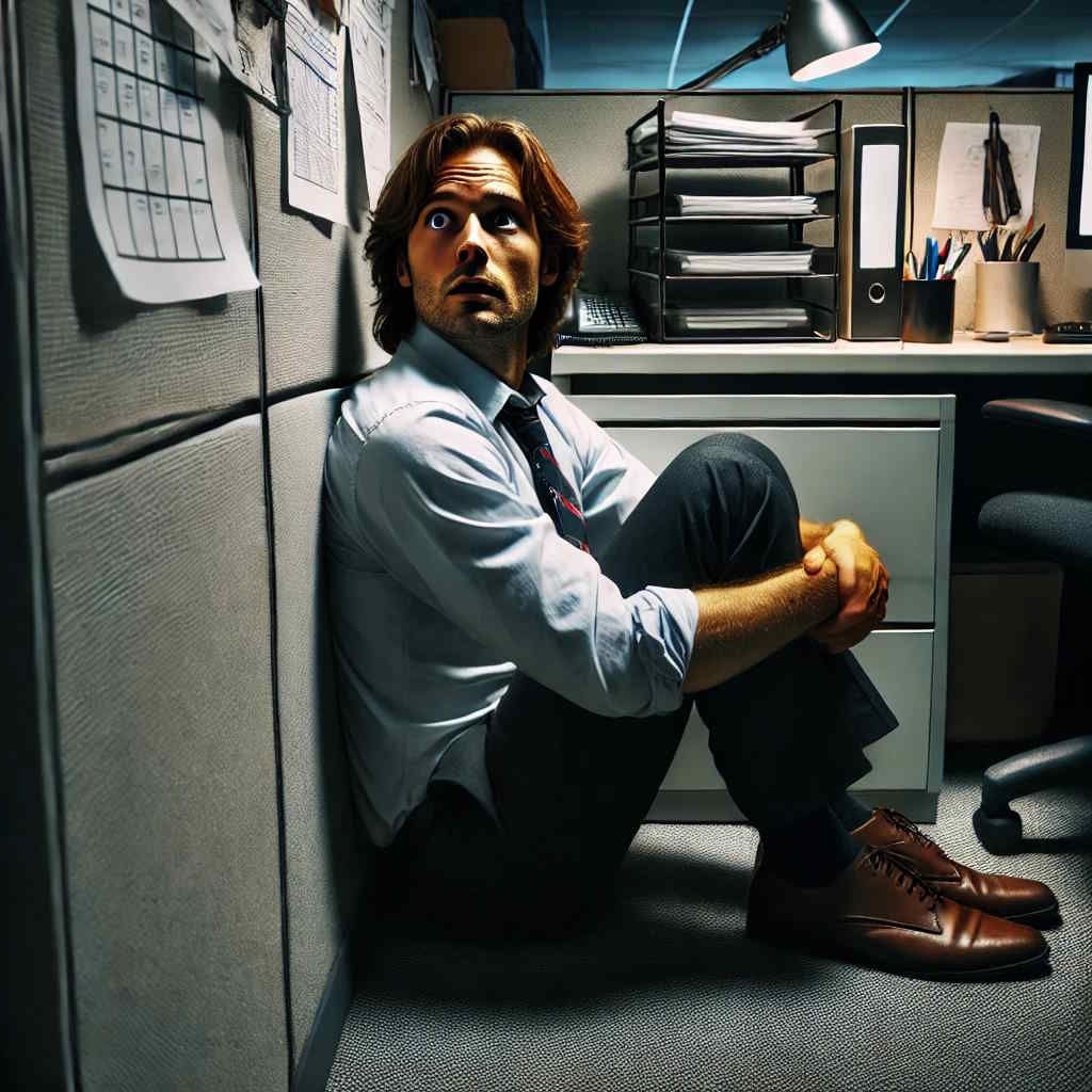 A man sits on the floor in an office cubicle cowered in fear