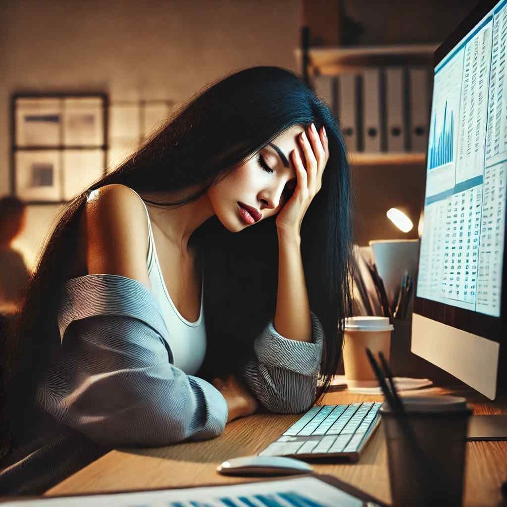 A woman is sitting at her desk with her head in her hands dealing with a lot of work stress at her computer.