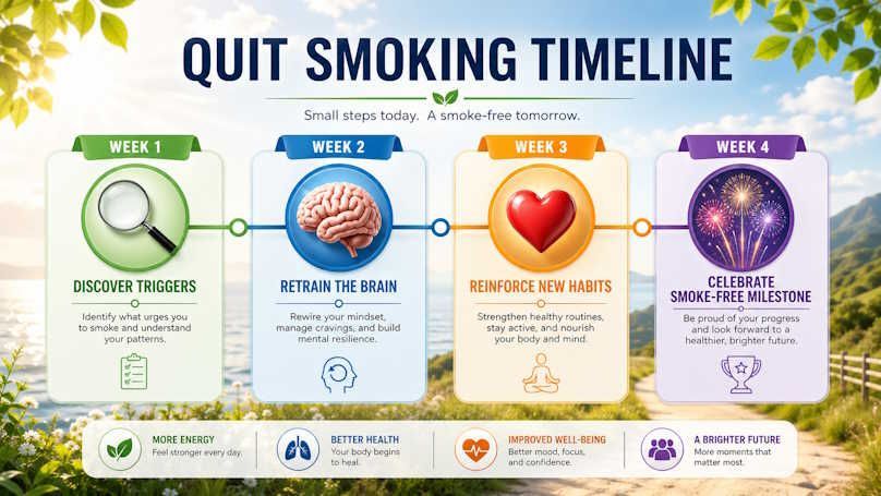 An illustration of a Quit Smoking Timeline showing weeks 1 to 4 with milestones