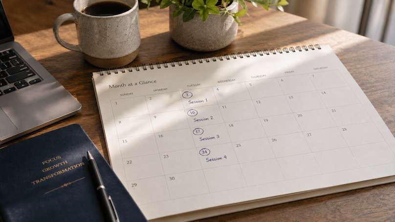 Calendar showing 2-4 sessions timeline highlighted, realistic desk setup