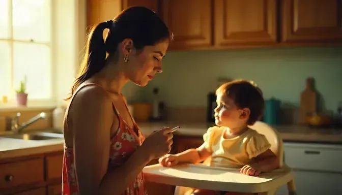 Hispanic mother in Oklahoma City holding a cigarette, with a look of guilt on her face with her kid in a highchair in the background
