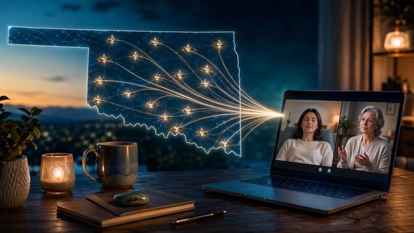 Image of OK showing a map-inspired concept showing many different cities in Oklahoma visually connected by soft glowing lines to a virtual hypnotherapy session on a laptop