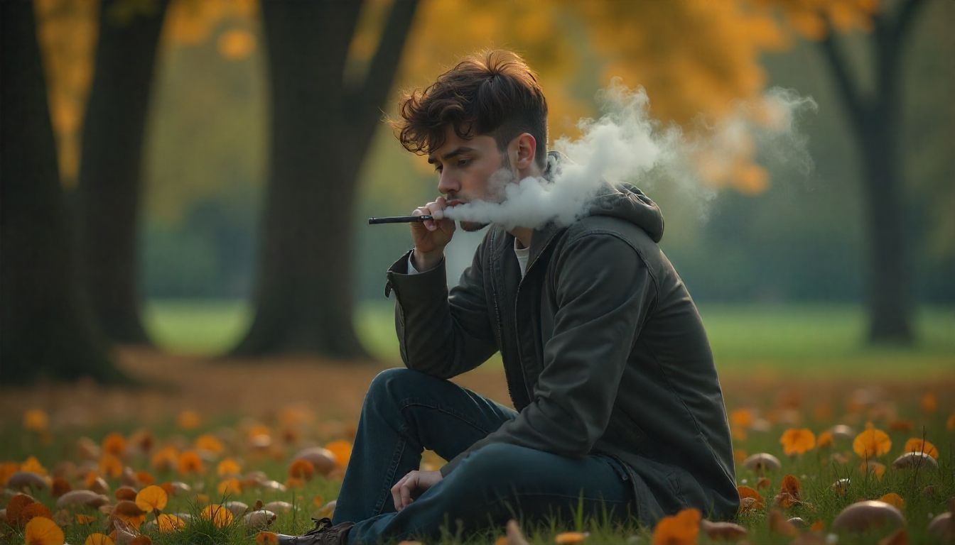 Millennial in a local park in Norman sitting and smoking a vape with a sad look on his face