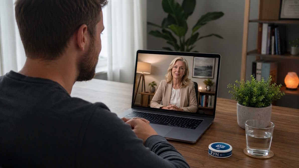 OKC man sitting at his desk on a remote virtual call with his hypnotherapist on a laptop screen with a closed nicotine pouch tin on the desk