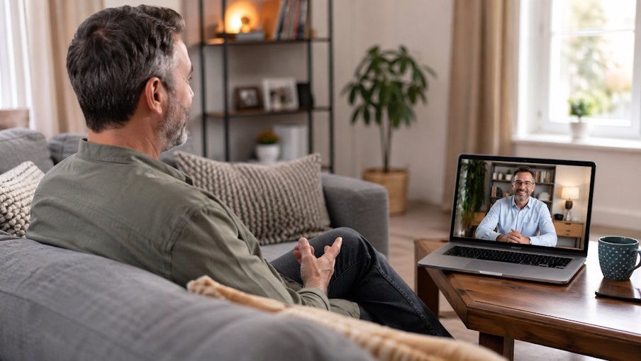 OKC man sitting comfortably on a couch in a modern home, speaking calmly with a hypnotherapist on a laptop screen during a virtual session