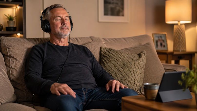 OKC man sitting on his couch during virtual hypnosis session, relaxed expression with his headphones on