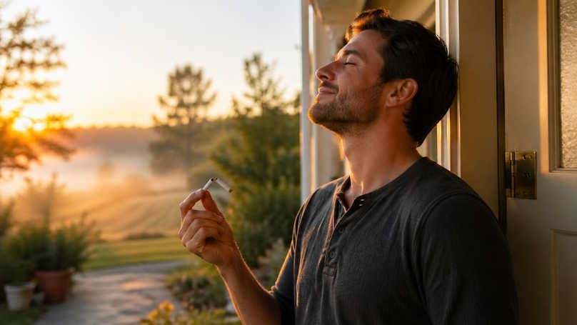 OKC man stepping outside at dawn, breathing deeply while holding a broken cigarette after quitting smoking with the morning light emanating behind him