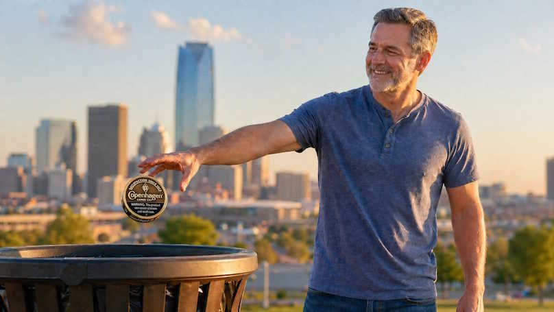 OKC man tossing a can of chewing tobacco into a trash can with the OKC skyline in the background