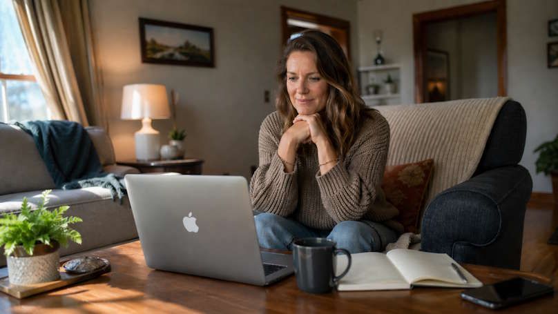 OKC woman looking at her laptop before her virtual hypnosis session expression curious but has questions