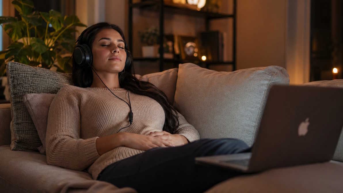 OKC woman relaxing on a couch during a virtual hypnotherapy session, headphones on, warm lighting