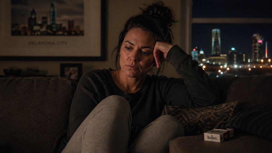 OKC woman sitting alone at night in her home on her couch looking frustrated with a pack of cigarettes beside her