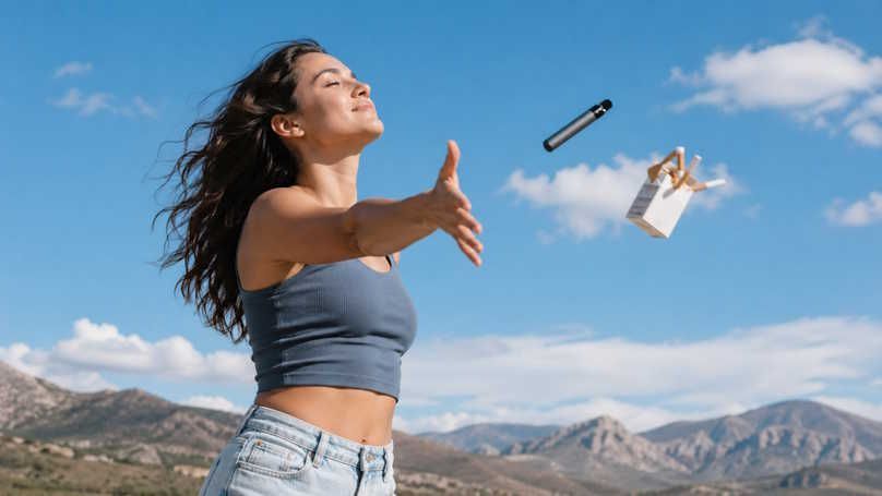 OKC woman under a clear sky tossing a pack of cigarettes and a vape pen into the trash as she tosses them away