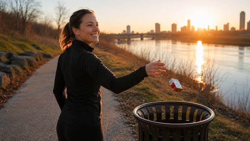 OKC woman walking along a walking trail tossing away her pack of cigarettes happy she's quit smoking