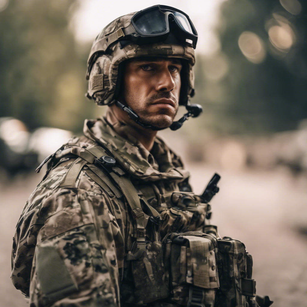 A soldier wearing camo gear, a survivor of war and dealing with PTSD is looking at the camera.