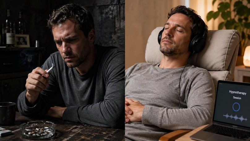 Split image left side stressed smoker, right side same calm man during hypnotherapy session