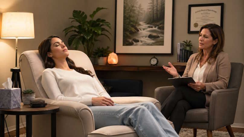 woman reclined in a cushioned chair with her eyes closed mid-hypnosis with her hypnotherapist sitting next to her speaking gently holding a clipboard