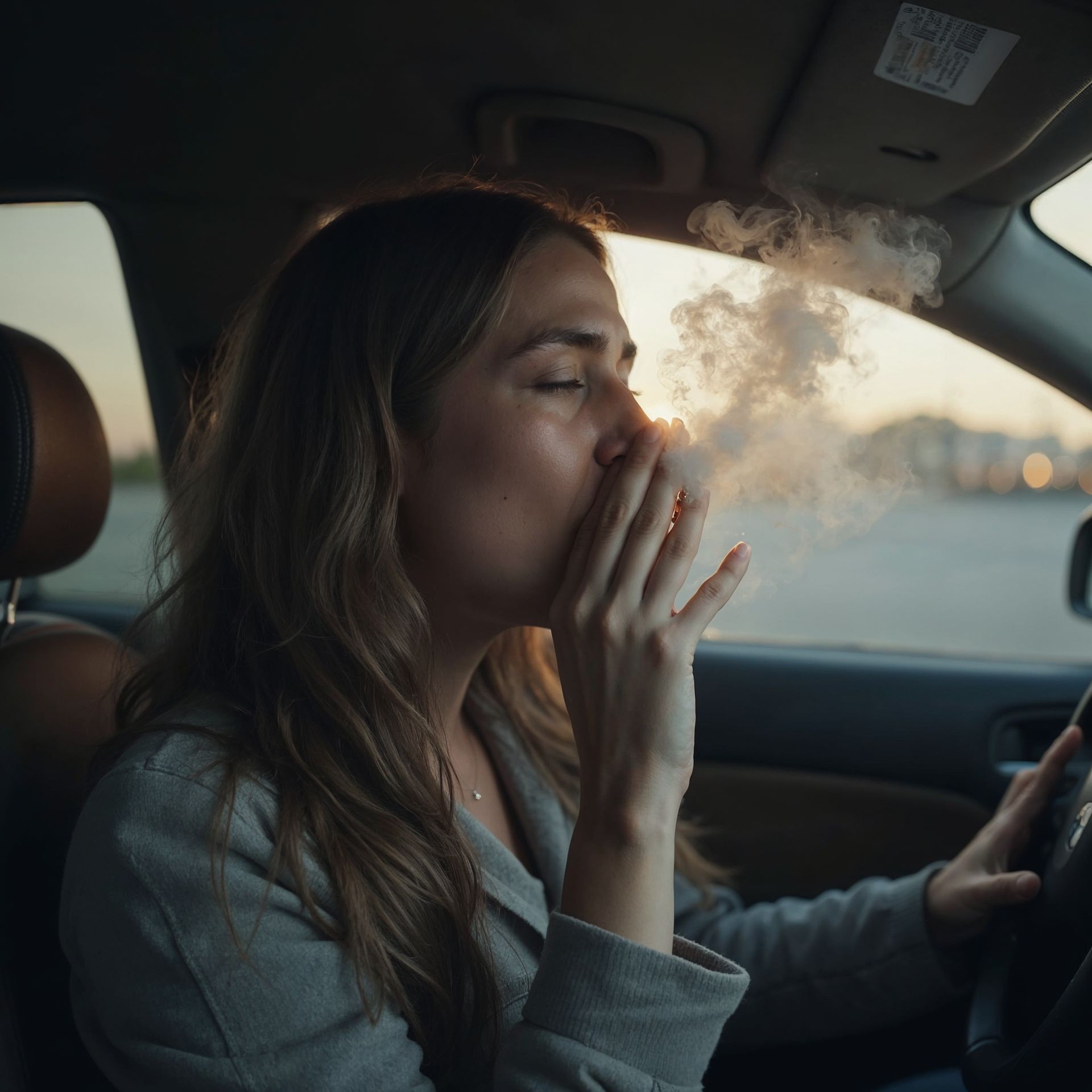woman smoking in her car all by herself