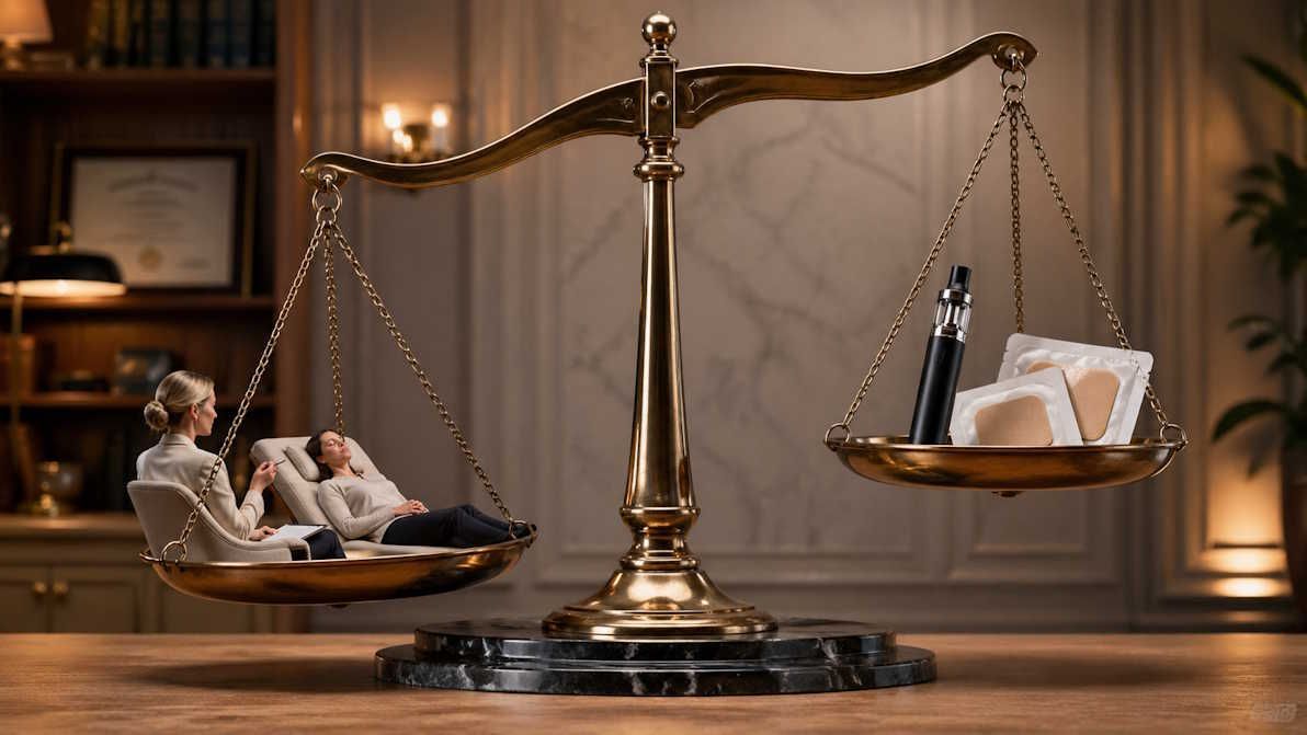 balanced scale with hypnosis on one side outweighing nicotine on the other side of the scale