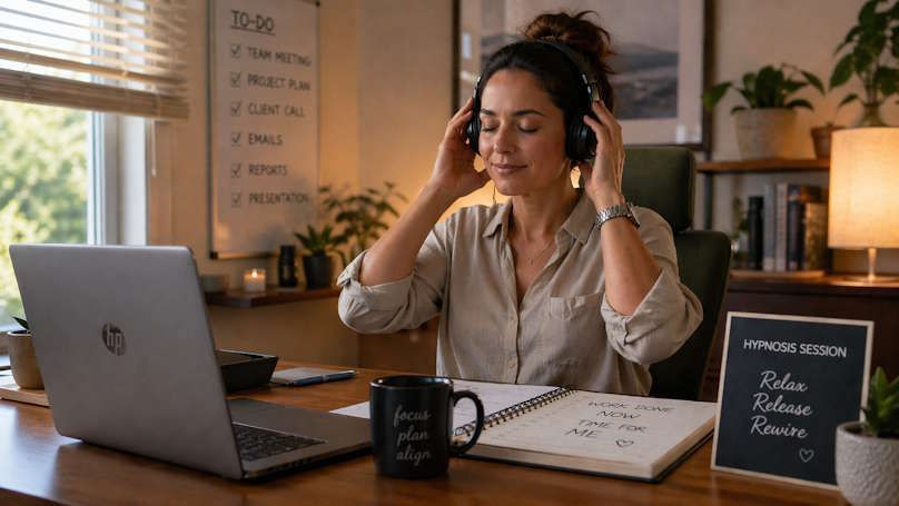 busy woman transitioning from work mode to a virtual hypnosis session at home, laptop on desk, headphones, calendar and coffee nearby
