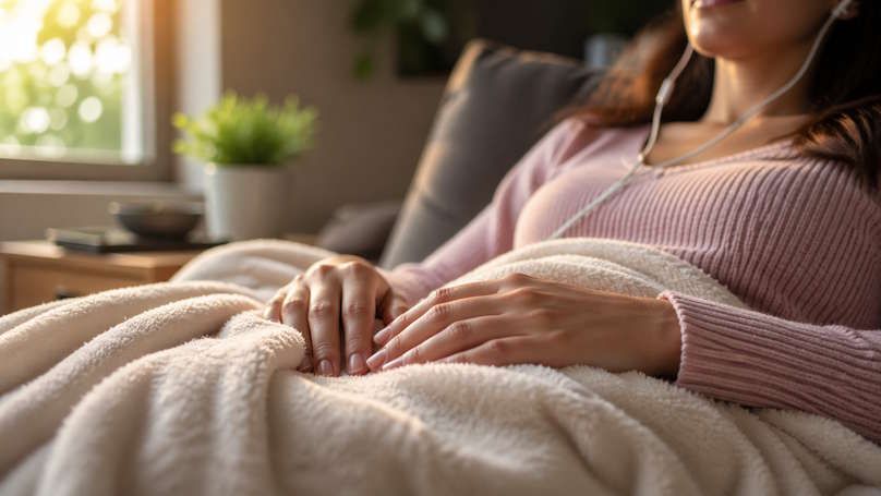 close up of woman with her relaxed hands resting on a blanket while she listens through earbuds during her hypnosis session at home