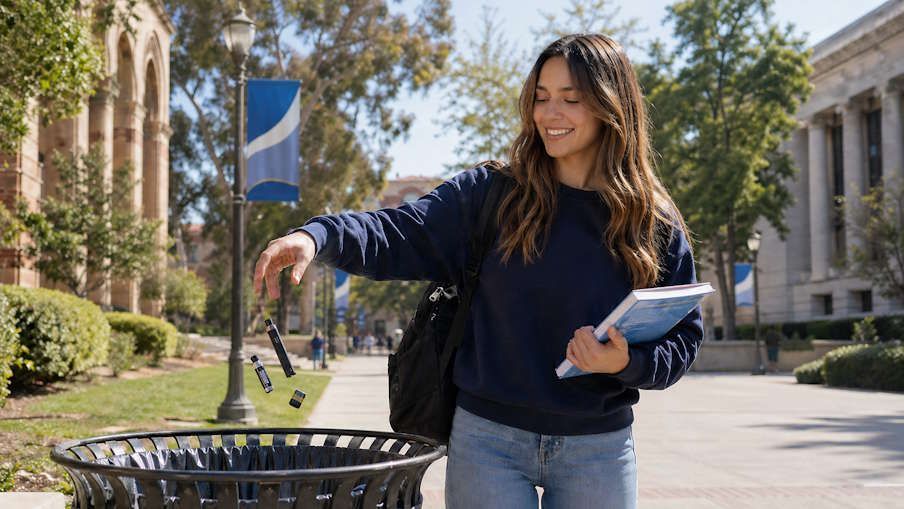 college girl at OKC throwing away her vape pen and accessories finally quitting vaping thanks to Quit Smoking OKC Hypnotherapy