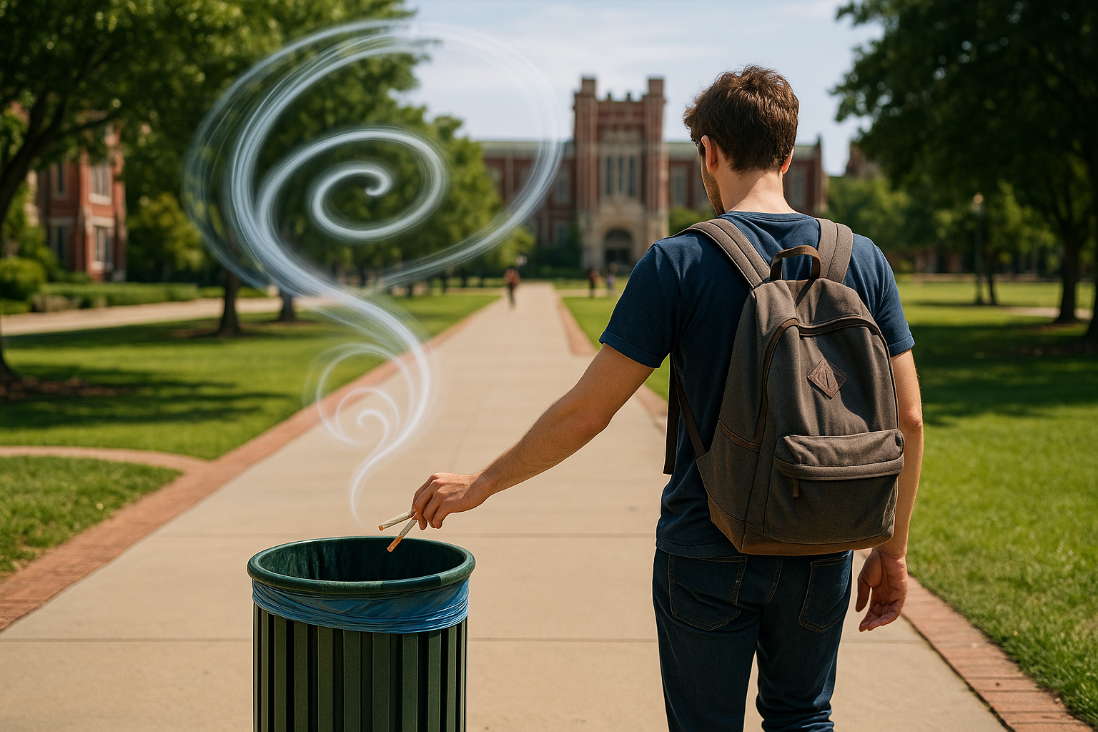college kid in OKC throwing away cigarettes on his way to class but realizes he want to quit smoking today