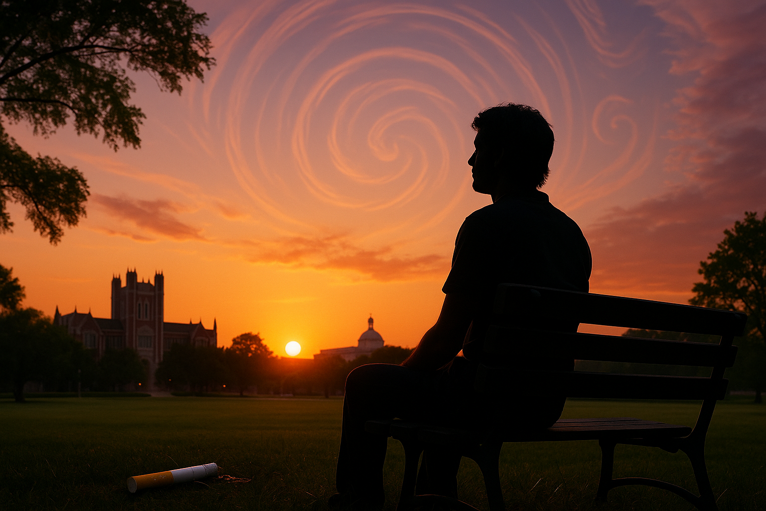 Photo of a man watching a sunset with a cigarette thrown on the ground next to him because he wants to quit smoking.