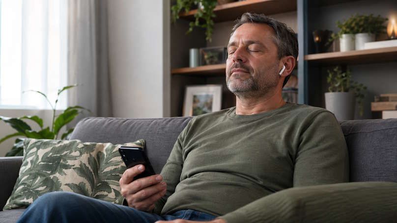 middle age man sitting on a couch with his eyes closed during his quit smoking hypnosis session on his phone