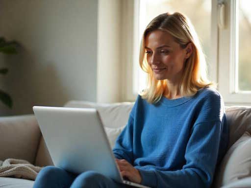 woman in OKC sitting on her couch doing remote hypnotherapy to quit smoking