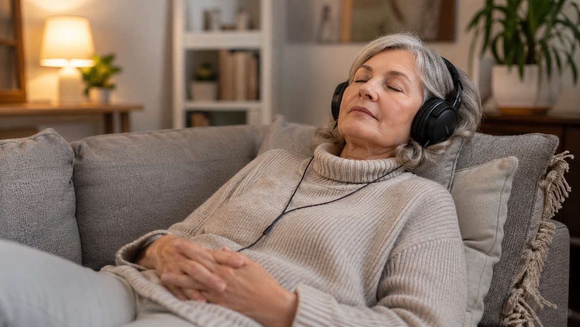 older woman relaxing during a hypnotherapy session on a couch, eyes closed, headphones on