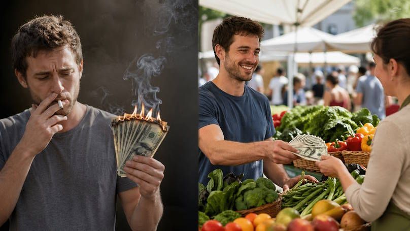 split image with a smoker holding a handful of dollar bills burning like cigarettes on the other side sharing those bills to purchase fresh produce