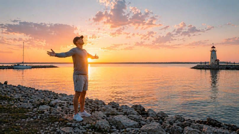 uplifting photo of OKC man at sunrise who quit smoking and is so happy to claim his non smoker status