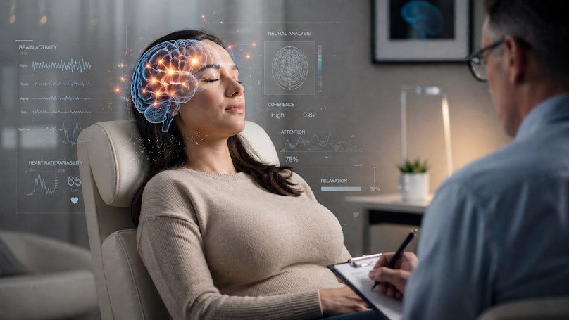 woman sitting calmly with her eyes closed during a hypnotherapy session, with a transparent overlay showing highlighted neural pathways, graphs and data points