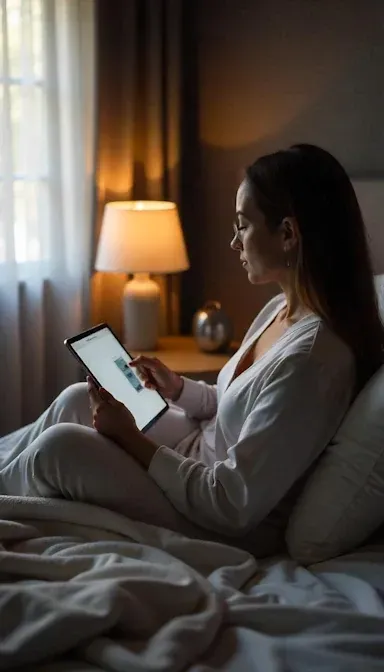 Woman from Norman, OK sitting in bed with her iPad in a hypnotherapy session to quit smoking