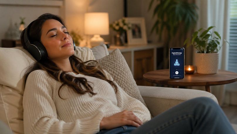 young woman reclining on a sofa with her eyes closed, wearing wireless headphones during a hypnotherapy session with her smartphone sitting on the table next to her