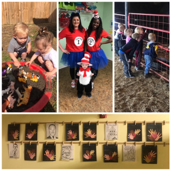 A collage showing children playing with animal figures, two adults and a child in Cat in the Hat costumes, and art displays.