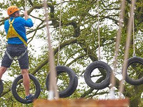 A man is standing on a tire swing in a tree.