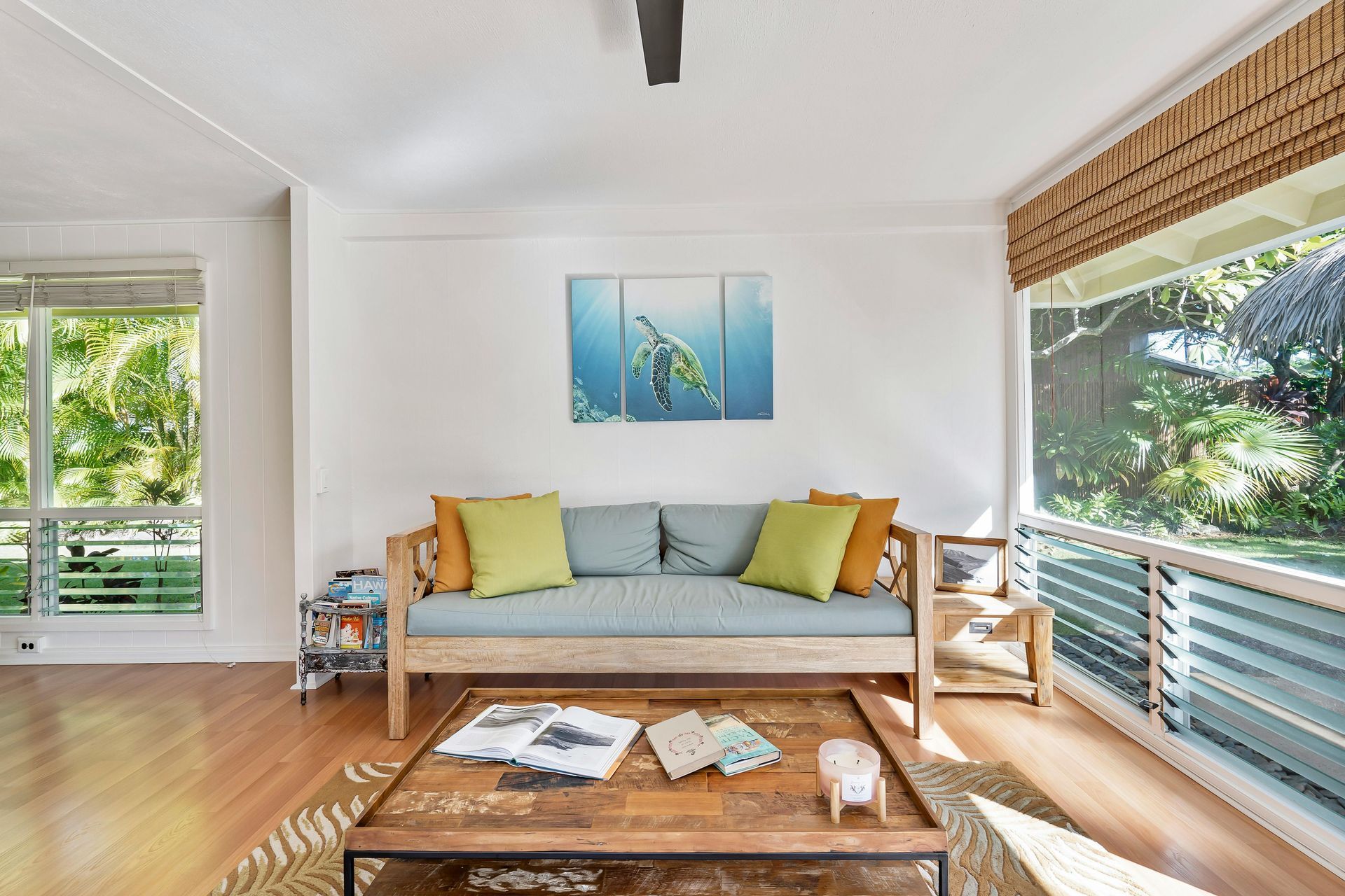 A living room with a couch and a coffee table