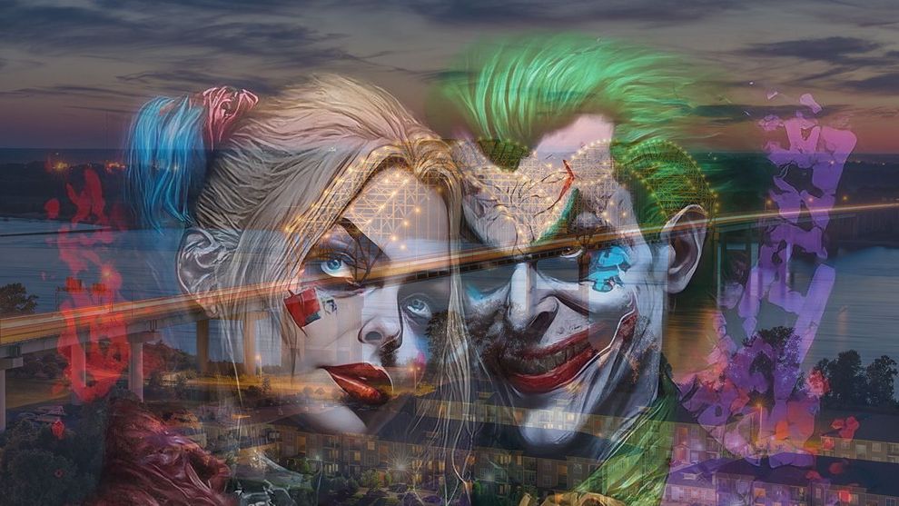 A double exposure of harley quinn and the joker.