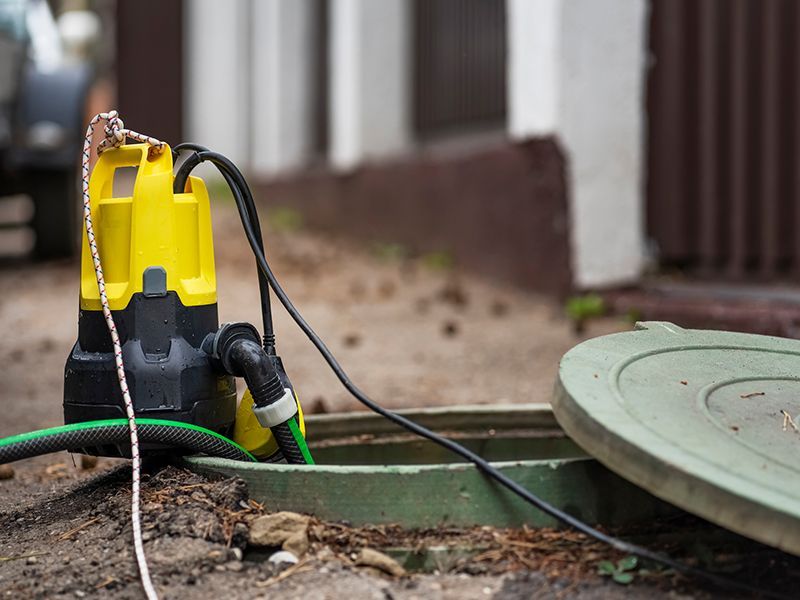 Yellow and black submersible pump sitting next to an open green access hatch. A green hose and black power cord are attached.
