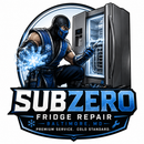 Sub-Zero Fridge Repair logo with a masked technician repairing a blue-lit refrigerator in icy tones