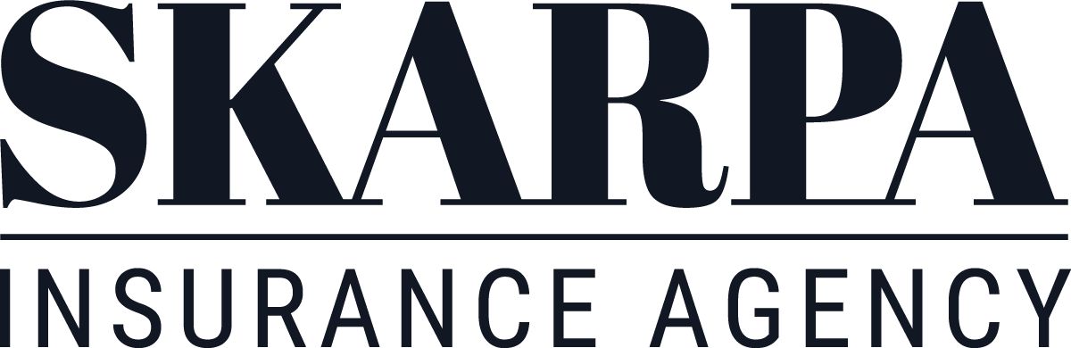 The logo for the skarpa insurance agency is black and white.