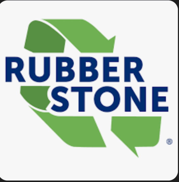 A logo for rubber stone with a green recycling symbol