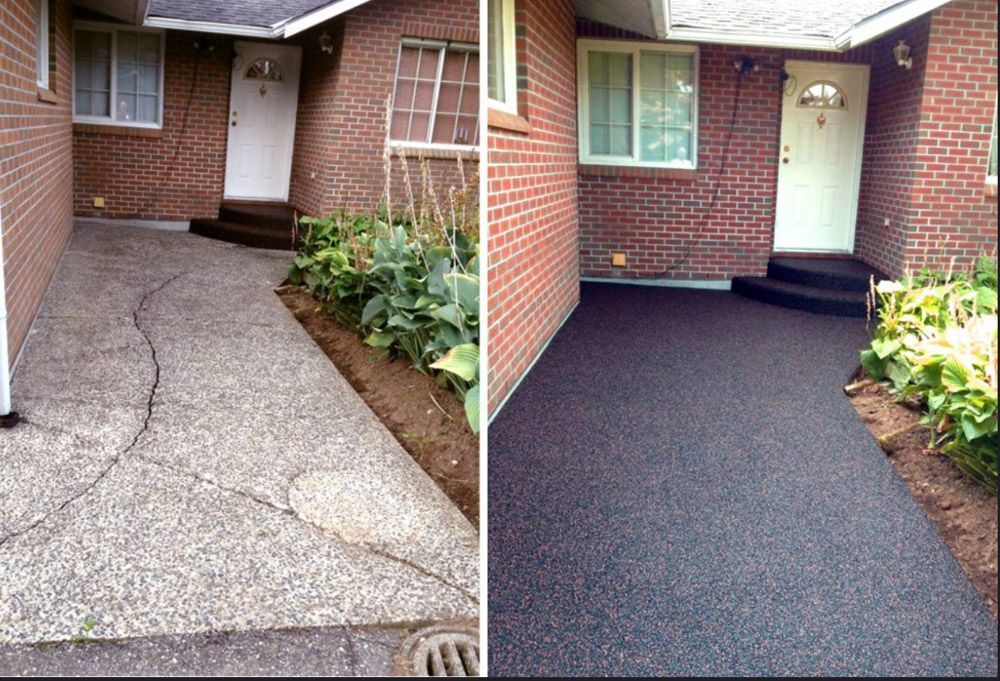 A before and after photo of a brick house