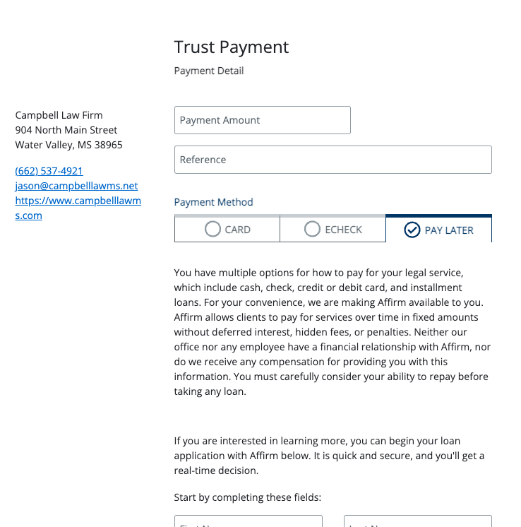 Financing trust payment screen