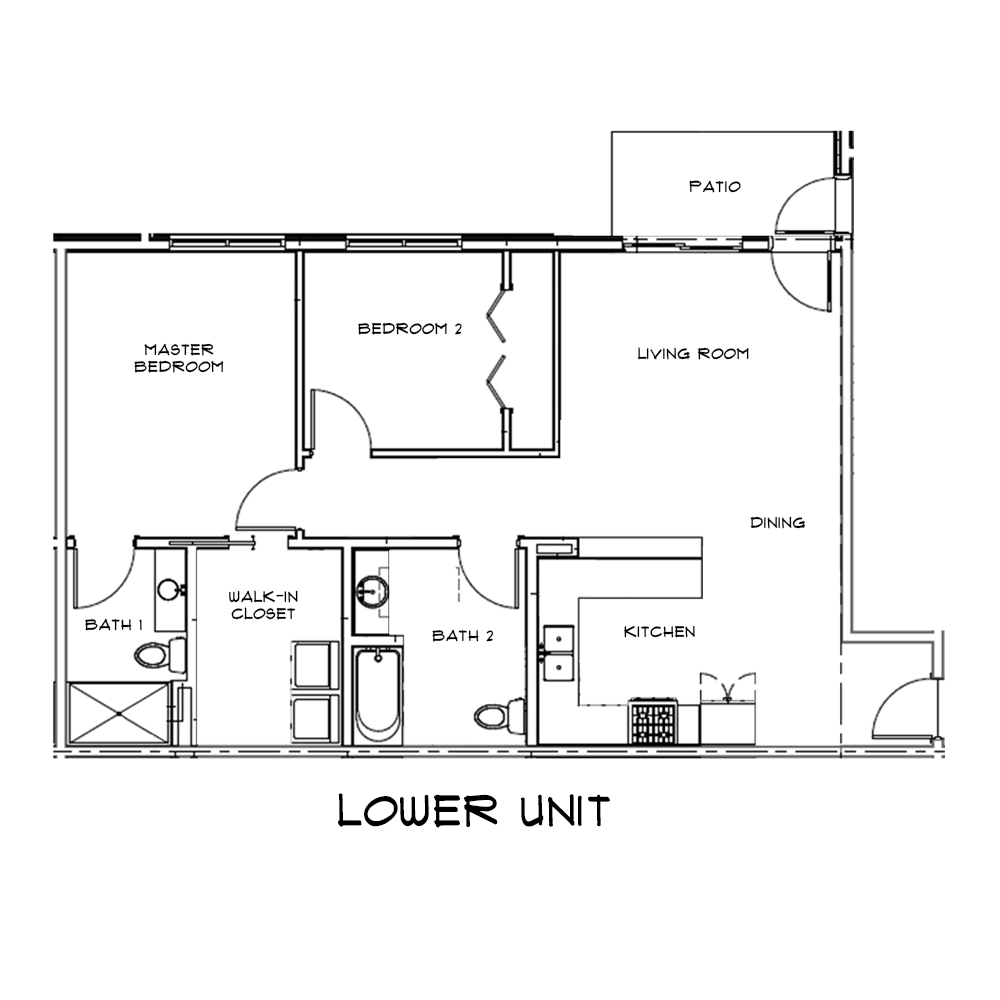 a black and white floor plan of a lower unit apartment .