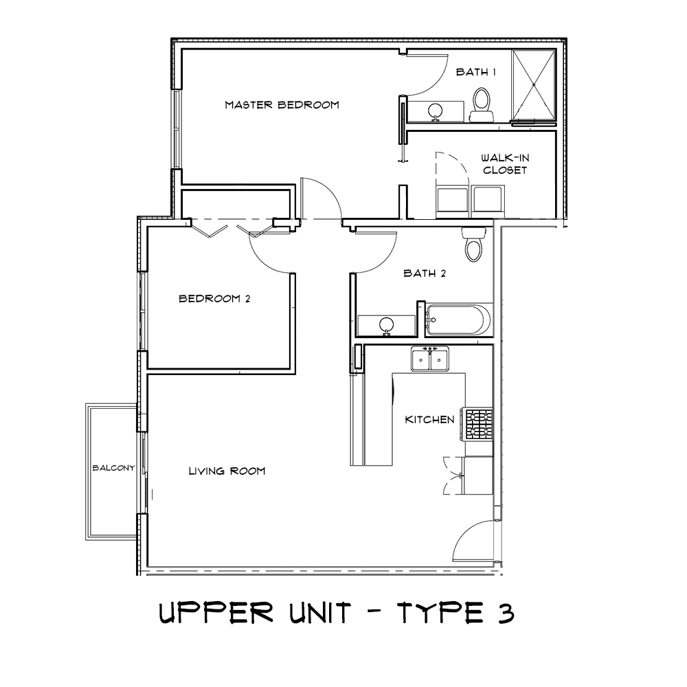 a black and white floor plan of a upper unit type 3 apartment .